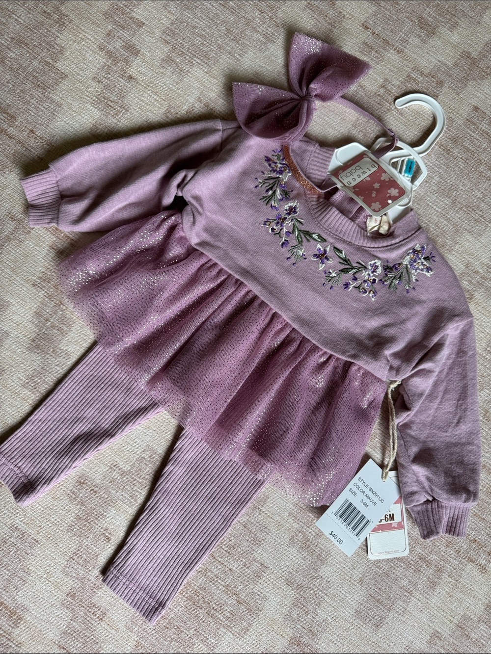 btween Lavender Embroidered Tulle Tunic & Ribbed Leggings & Bow Set NWT 3-6M